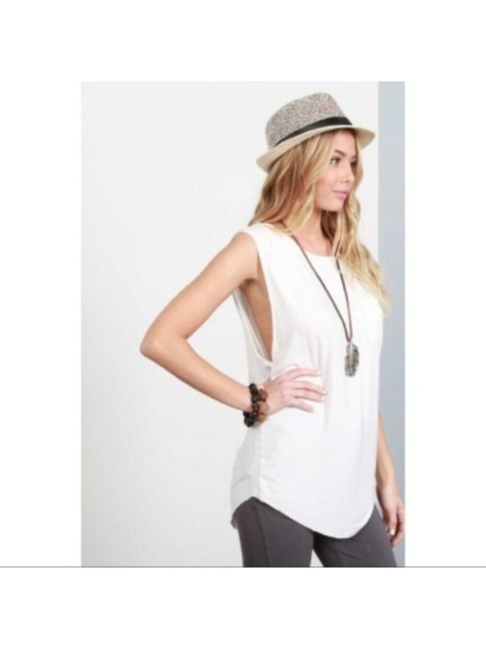 Pol Ivory Pocket Muscle Tank Top Muscle Tee Long Length